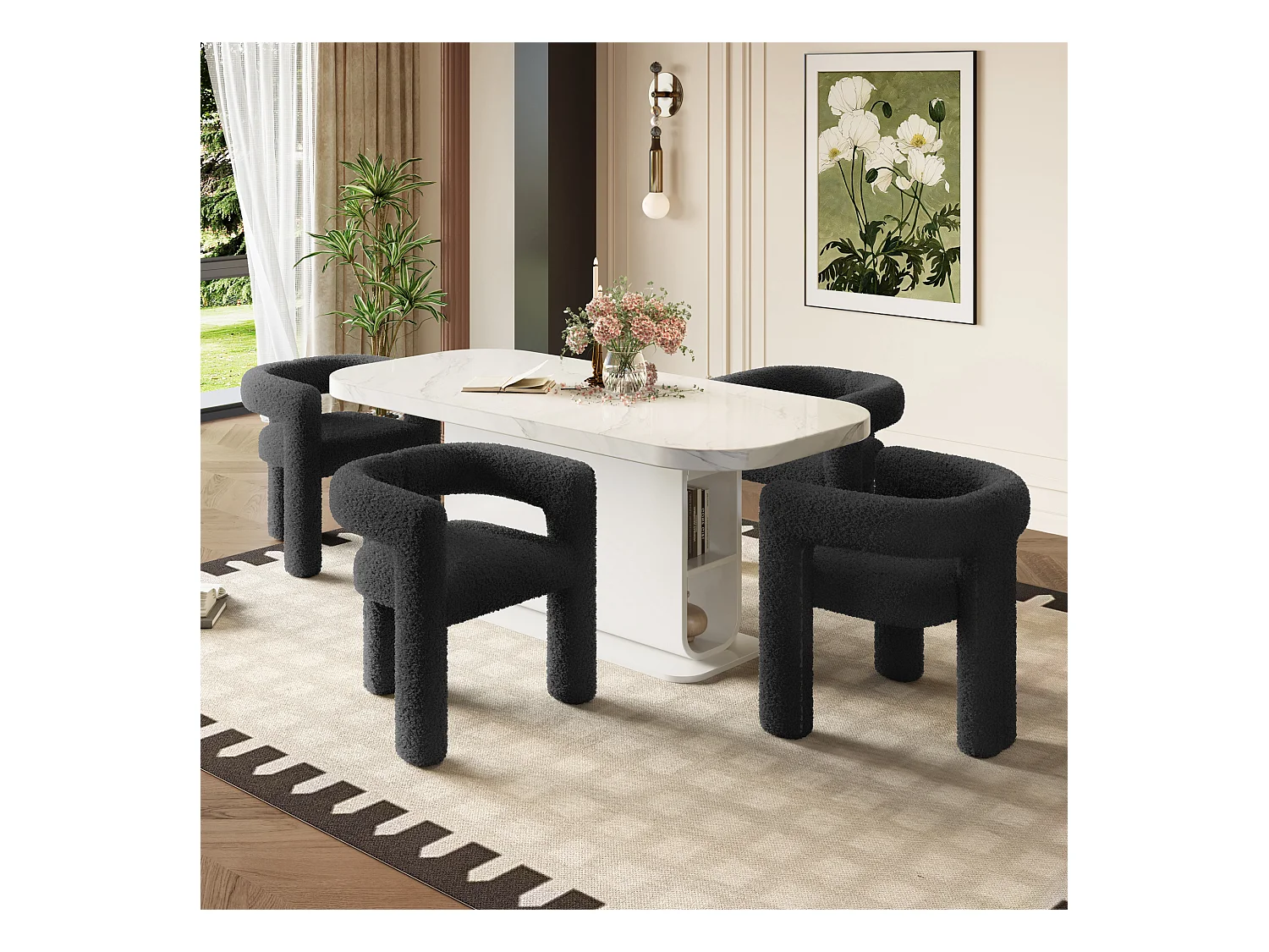 Fauteuil ergonomique en Teddy Flor premium, design unique, confort optimal, couleur noire (62.5x32.5x71 cm)