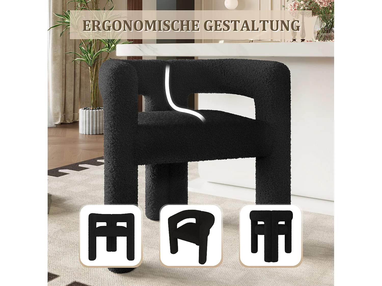 Fauteuil ergonomique en Teddy Flor premium, design unique, confort optimal, couleur noire (62.5x32.5x71 cm)