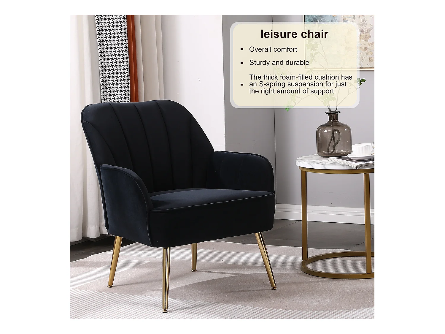 Fauteuil de détente en velours, design classique, bois et métal, noir (64x73x78 cm)