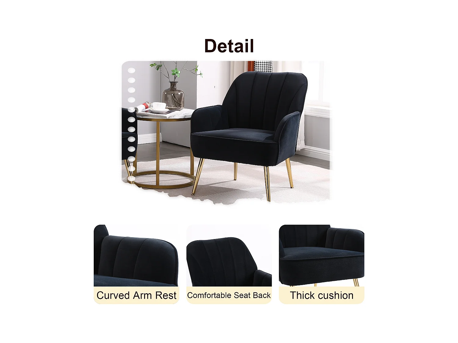 Fauteuil de détente en velours, design classique, bois et métal, noir (64x73x78 cm)