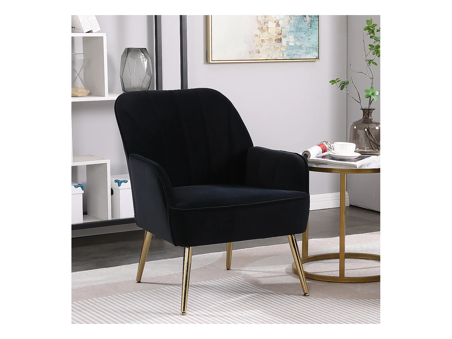 Sillón de terciopelo, diseño clásico, madera y metal, negro (64x73x78 cm)