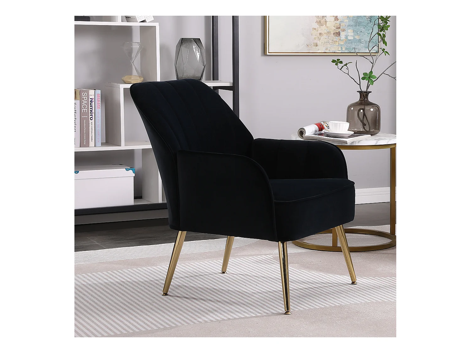 Fauteuil de détente en velours, design classique, bois et métal, noir (64x73x78 cm)