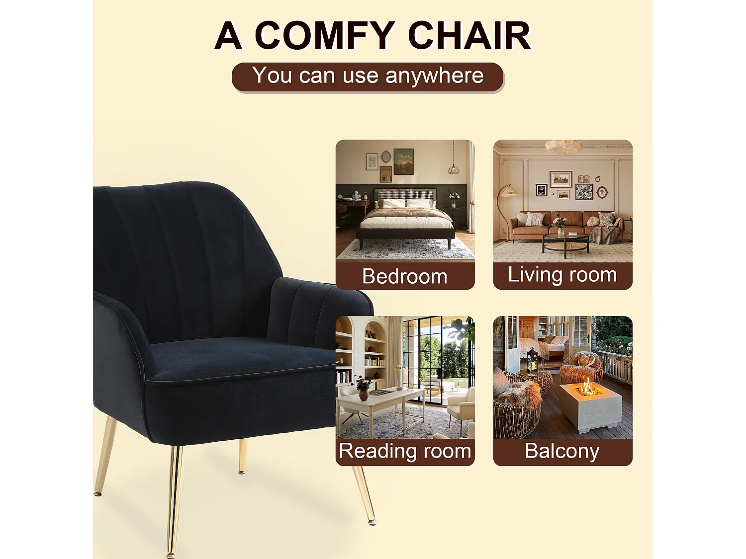 Fluwelen loungestoel, klassiek design, hout en metaal, zwart (64x73x78 cm)