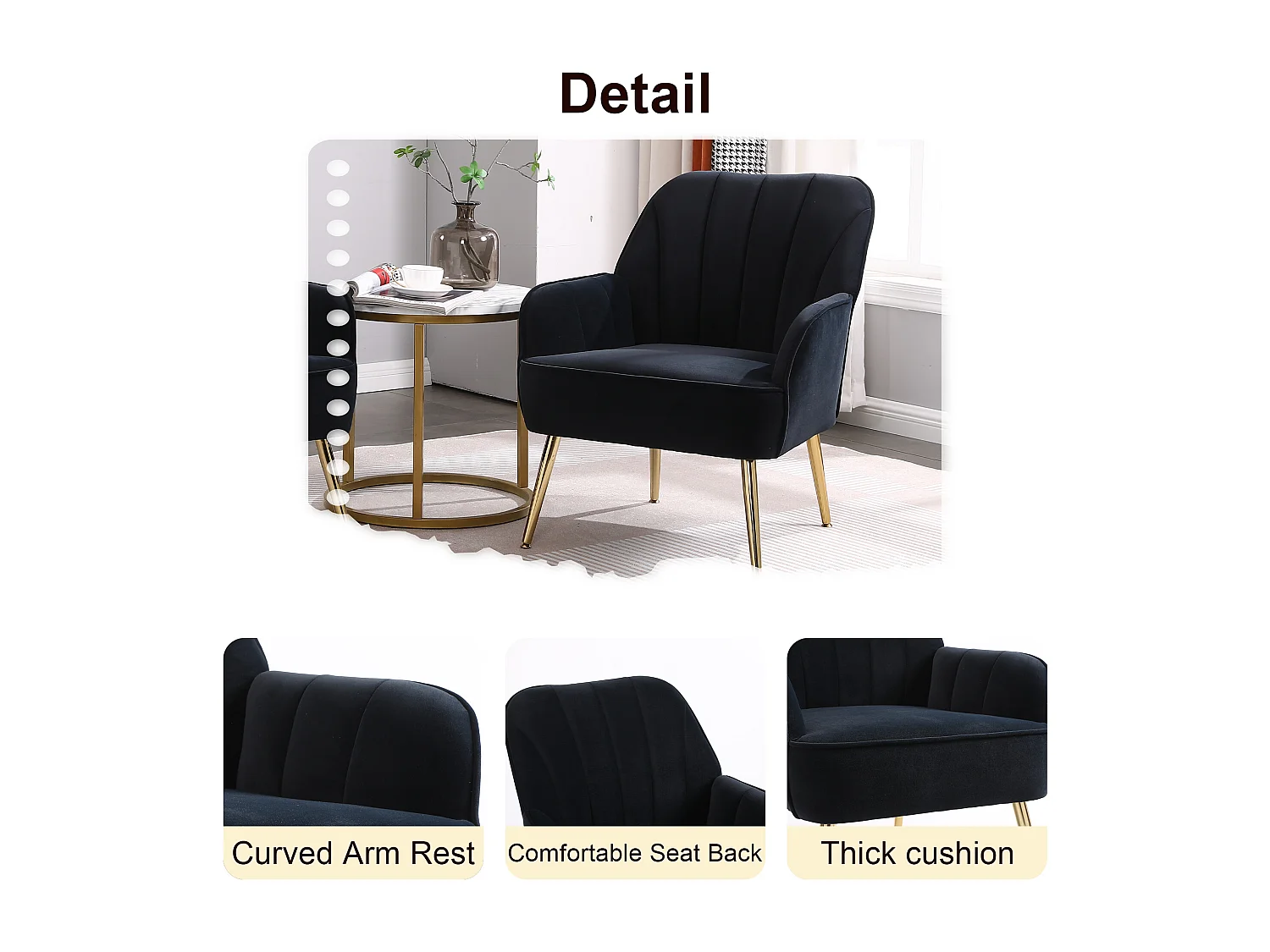 Fluwelen loungestoel, klassiek design, hout en metaal, zwart (64x73x78 cm)