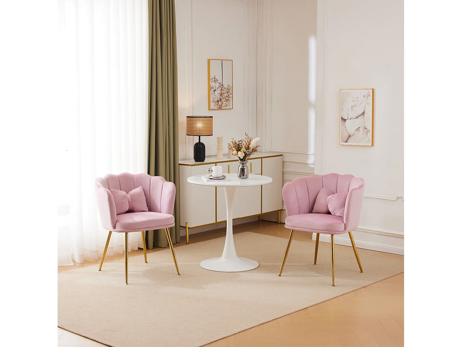 Set van 2 moderne fluwelen stoelen, bladmotief in de vorm van een rug, vlindervormig lendenkussen, gouden metalen poten, roze (63x58x77 cm)