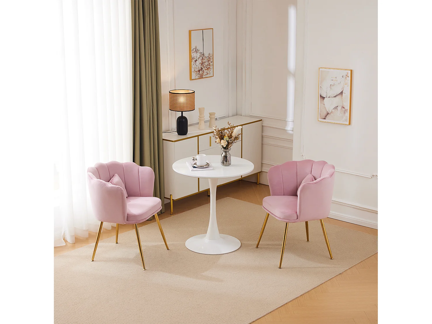 Set van 2 moderne fluwelen stoelen, bladmotief in de vorm van een rug, vlindervormig lendenkussen, gouden metalen poten, roze (63x58x77 cm)