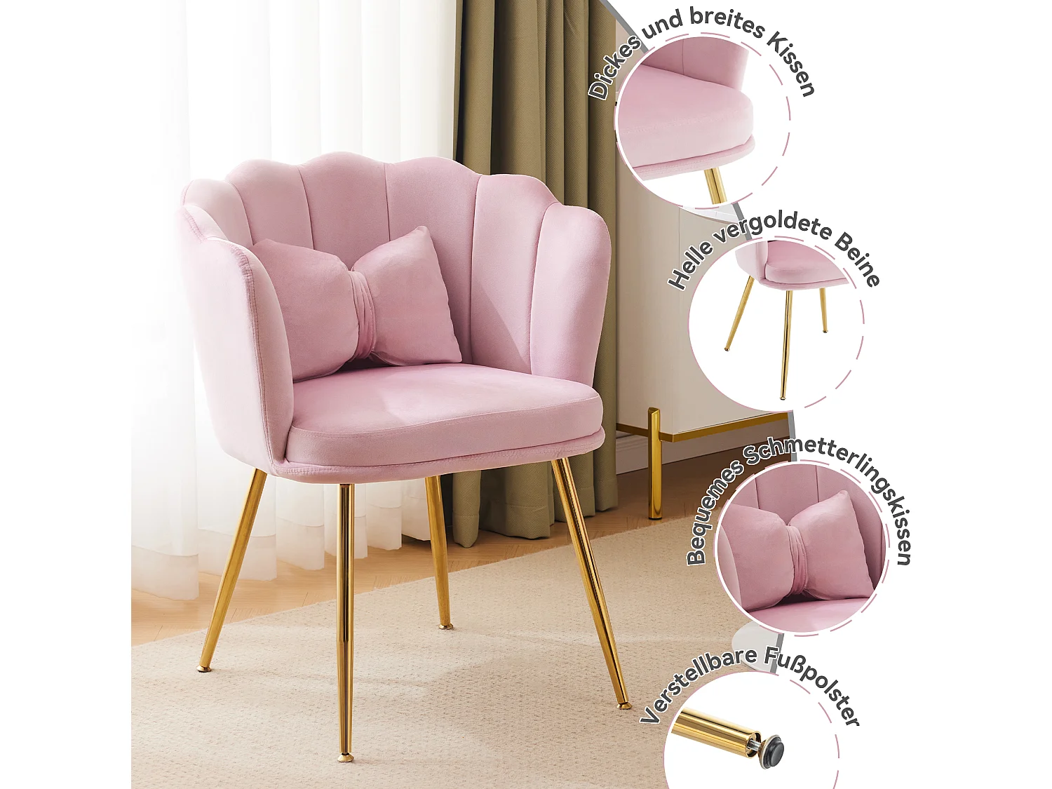 Set van 2 moderne fluwelen stoelen, bladmotief in de vorm van een rug, vlindervormig lendenkussen, gouden metalen poten, roze (63x58x77 cm)