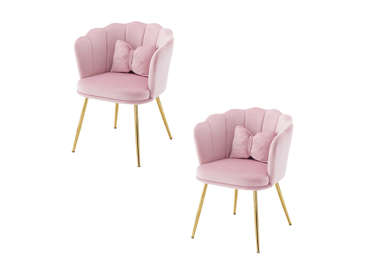 Set van 2 moderne fluwelen stoelen, bladmotief in de vorm van een rug, vlindervormig lendenkussen, gouden metalen poten, roze (63x58x77 cm)