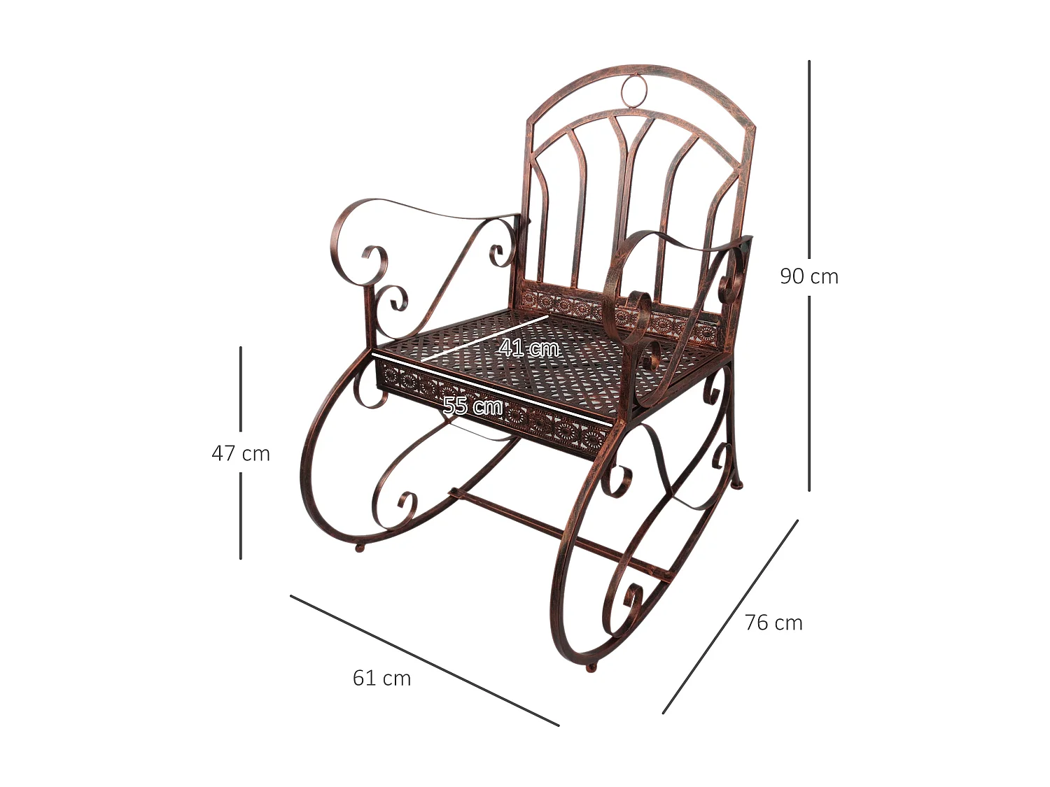 Fauteuil à bascule vintage, métal, design élégant, bronze-rouge, confort élevé, capacité 150 kg (61x79x90 cm)