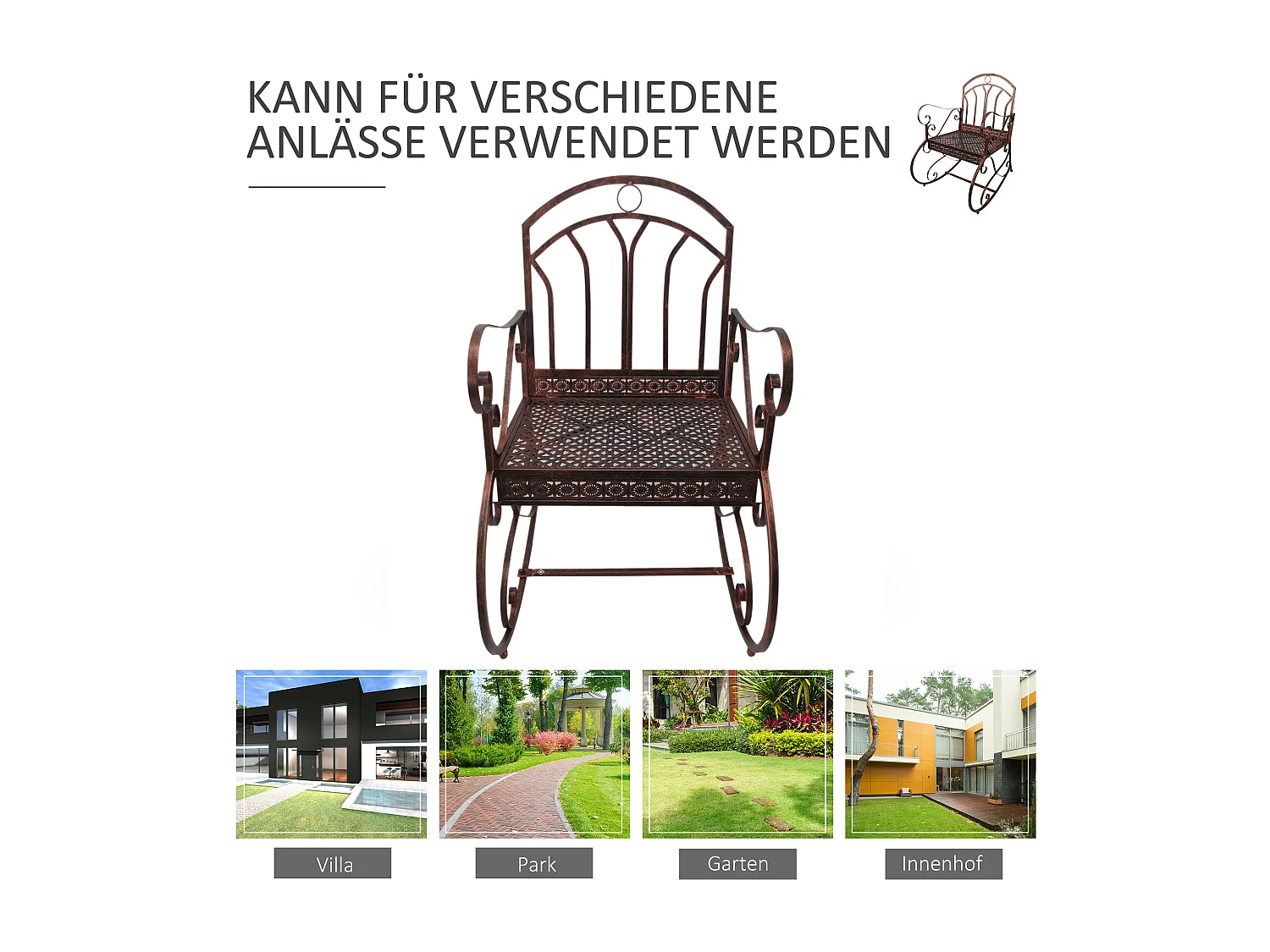 Fauteuil à bascule vintage, métal, design élégant, bronze-rouge, confort élevé, capacité 150 kg (61x79x90 cm)