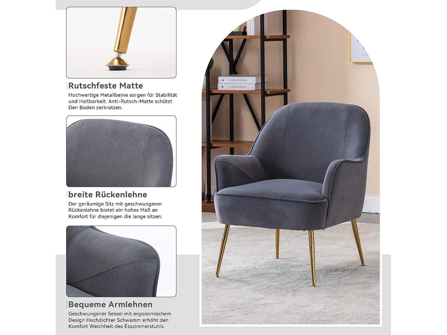 Moderne accentfauteuil in zacht fluweel, met verstelbare gouden metalen poten, grijs (66x66x80 cm)