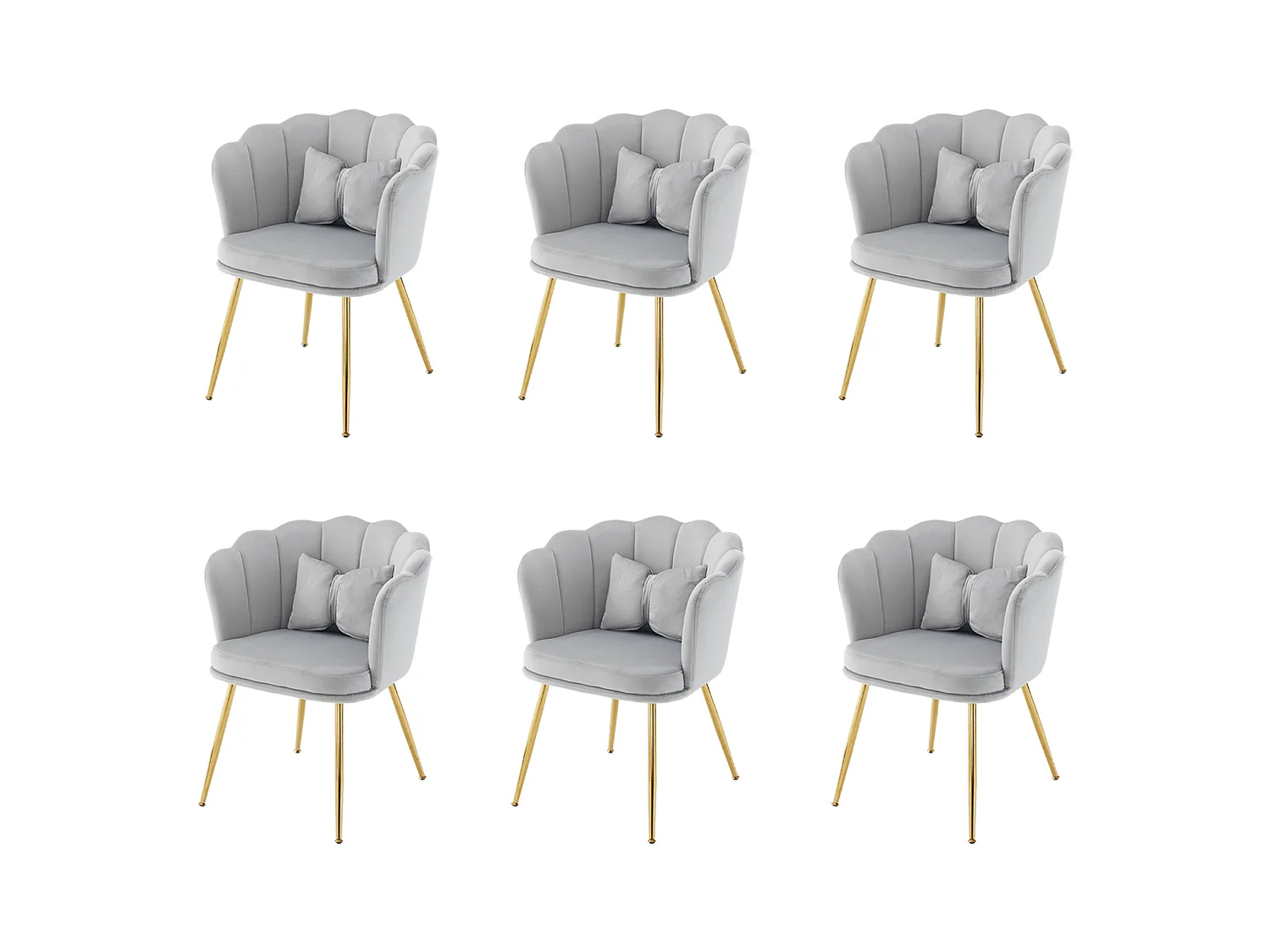 Set de 6 chaises modernes en velours, dossier en forme de pétale, coussin lombaire papillon, pieds métalliques dorés, gris (63x58x77 cm)