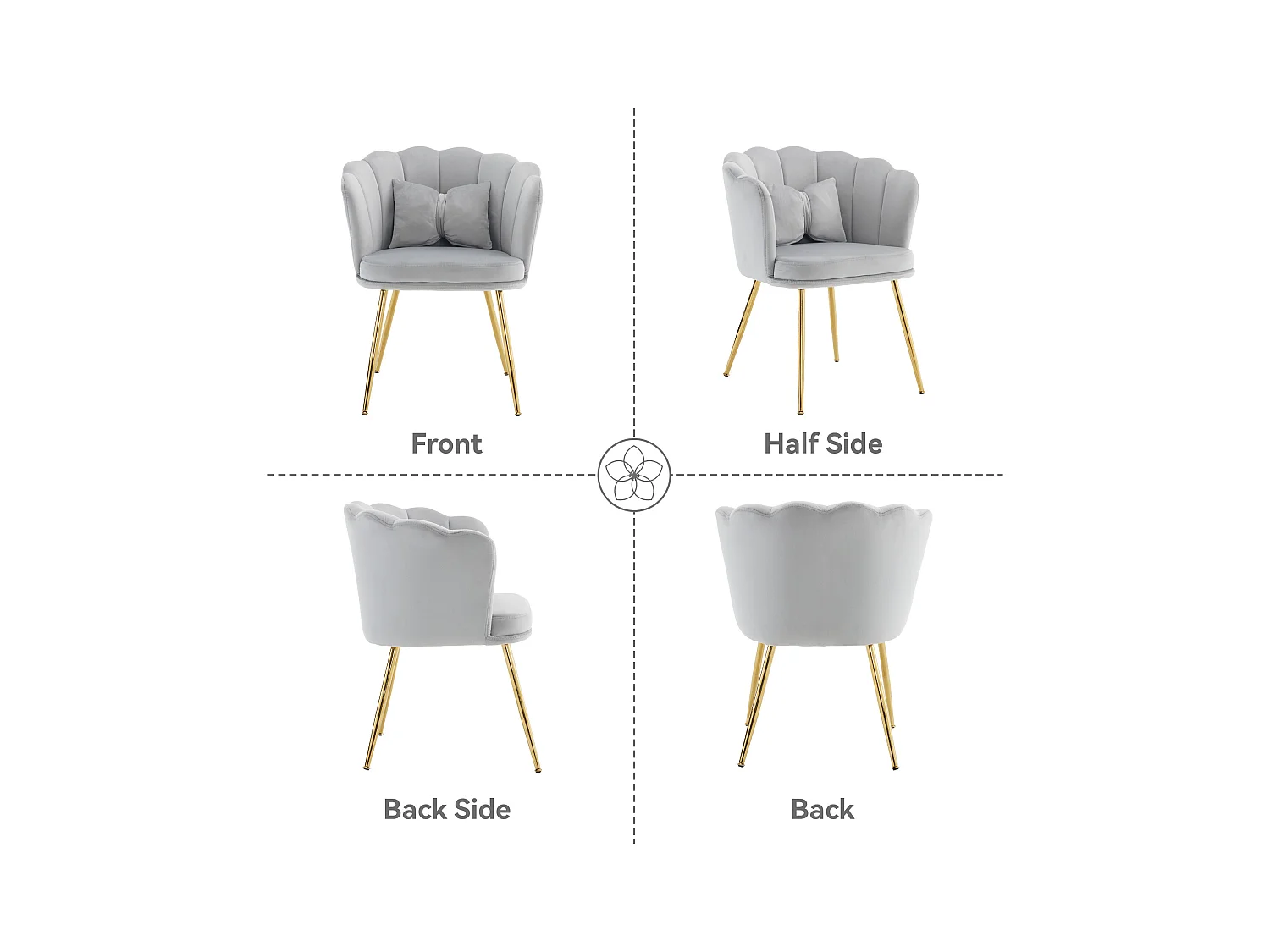 Set de 6 chaises modernes en velours, dossier en forme de pétale, coussin lombaire papillon, pieds métalliques dorés, gris (63x58x77 cm)
