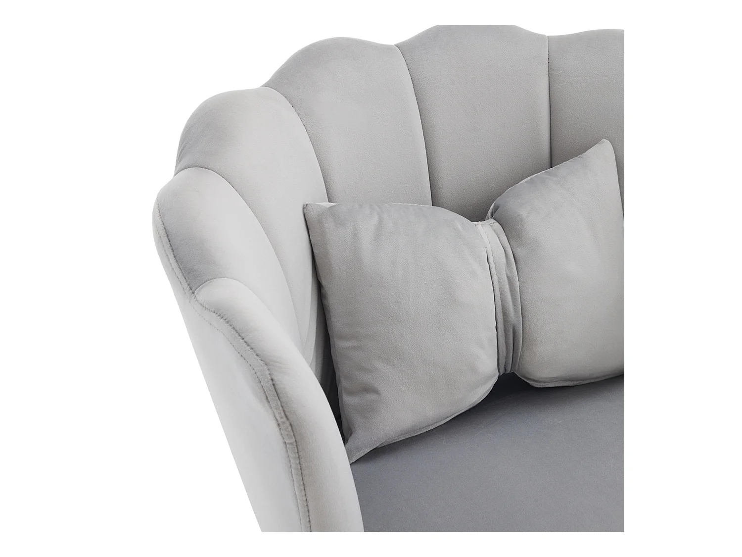 Set de 6 chaises modernes en velours, dossier en forme de pétale, coussin lombaire papillon, pieds métalliques dorés, gris (63x58x77 cm)