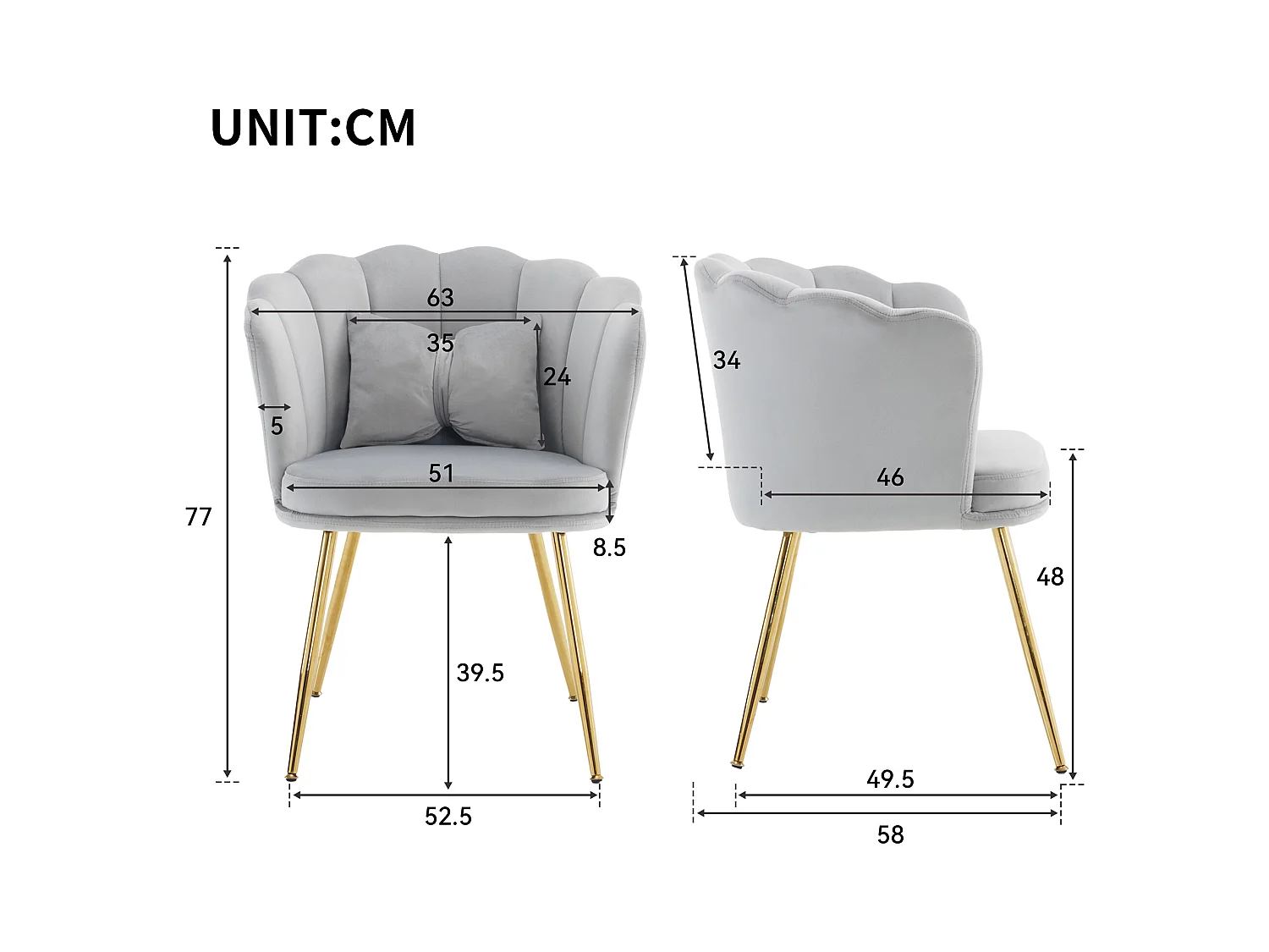 Set de 6 chaises modernes en velours, dossier en forme de pétale, coussin lombaire papillon, pieds métalliques dorés, gris (63x58x77 cm)