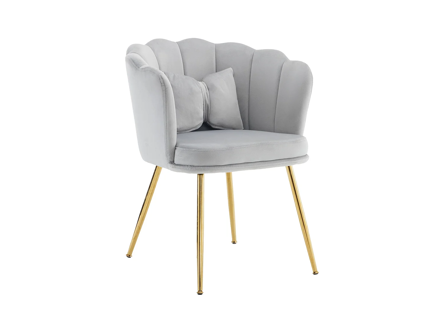 Set de 6 chaises modernes en velours, dossier en forme de pétale, coussin lombaire papillon, pieds métalliques dorés, gris (63x58x77 cm)