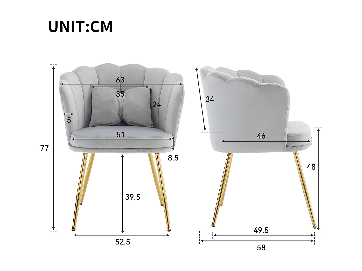 Set de 6 chaises modernes en velours, dossier en forme de pétale, coussin lombaire papillon, pieds métalliques dorés, gris (63x58x77 cm)