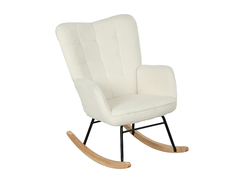 Schommelstoel met gewatteerde rugleuning, houten frame, Berberstof, wit (98x71x101 cm)