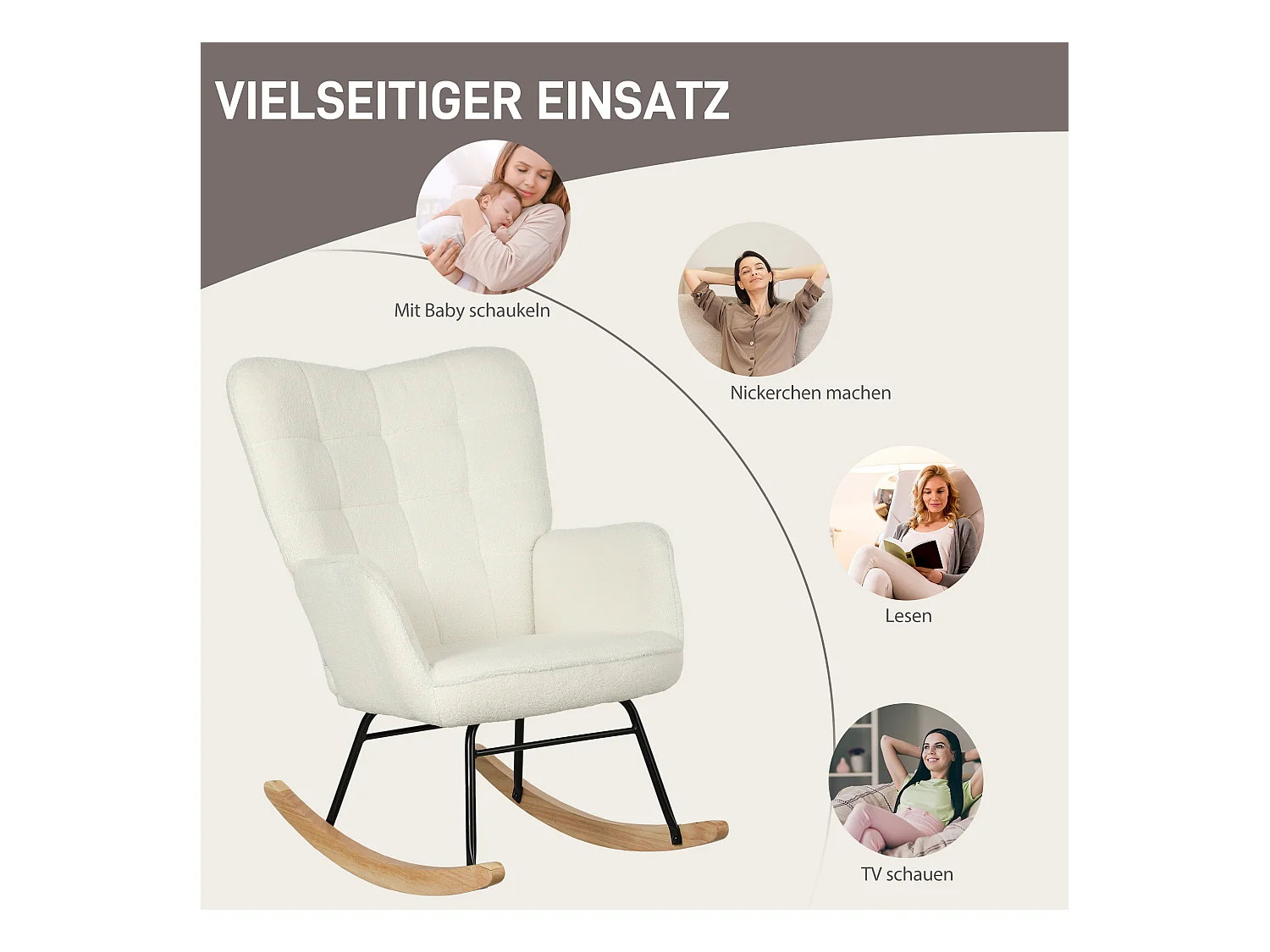 Chaise à bascule avec dossier rembourré, armature en bois, tissu Berber, blanc (98x71x101 cm)