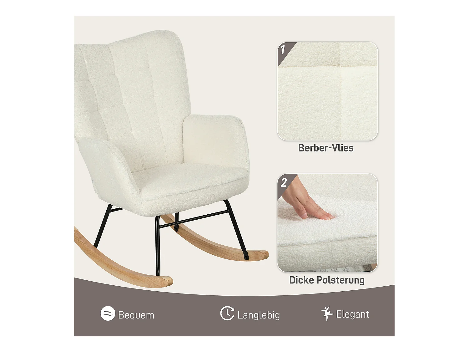 Chaise à bascule avec dossier rembourré, armature en bois, tissu Berber, blanc (98x71x101 cm)