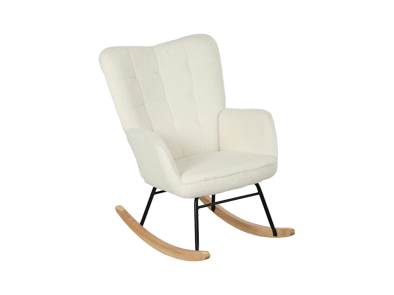 Mecedora con respaldo acolchado, estructura de madera, tela bereber, color blanco (98x71x101 cm)