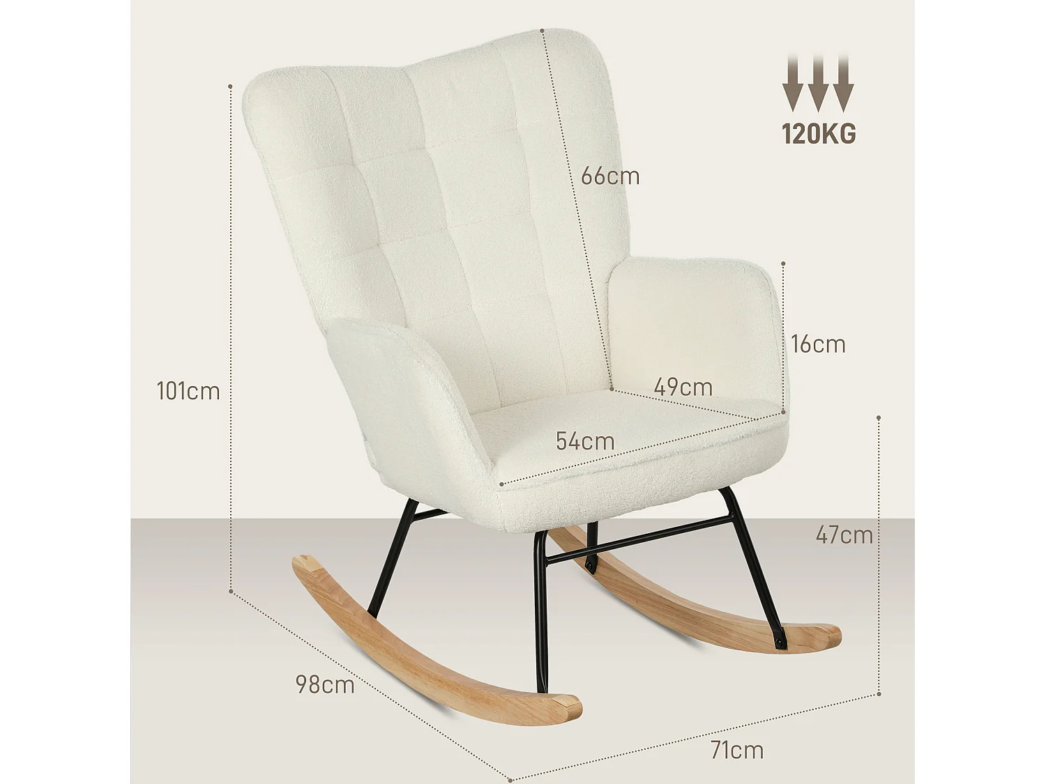 Chaise à bascule avec dossier rembourré, armature en bois, tissu Berber, blanc (98x71x101 cm)