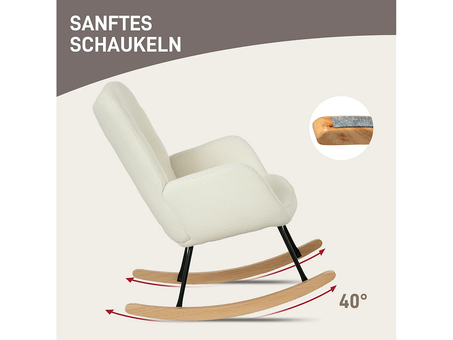 Chaise à bascule avec dossier rembourré, armature en bois, tissu Berber, blanc (98x71x101 cm)