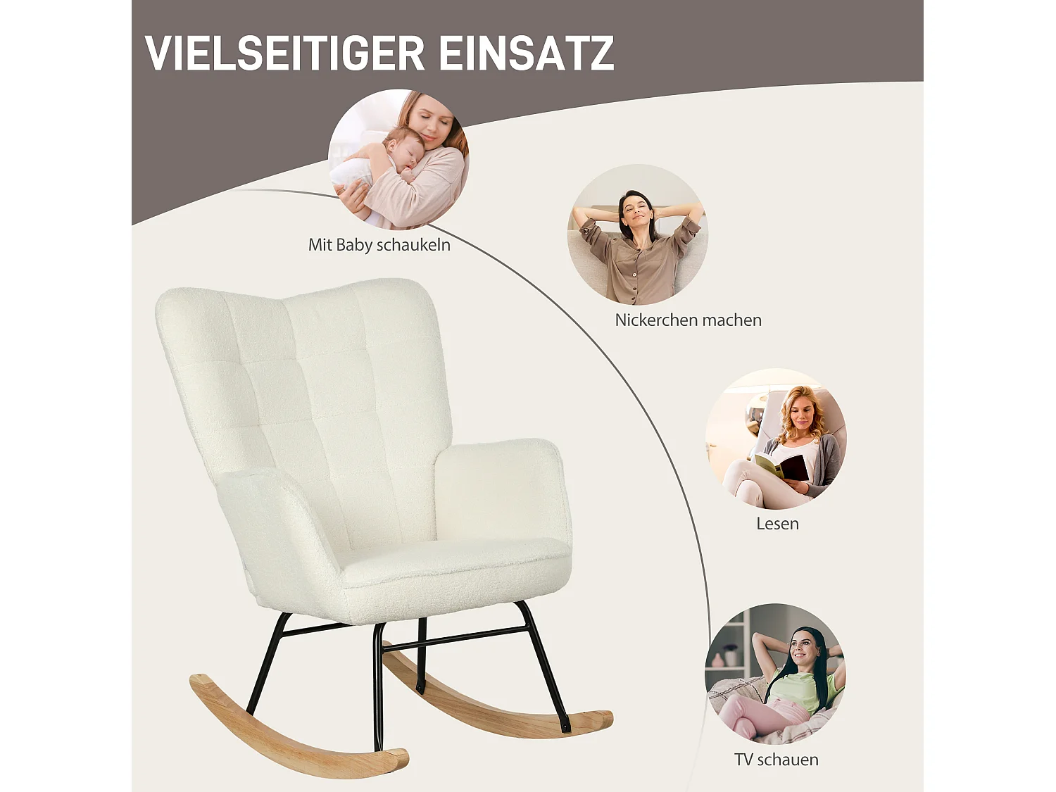 Chaise à bascule avec dossier rembourré, armature en bois, tissu Berber, blanc (98x71x101 cm)