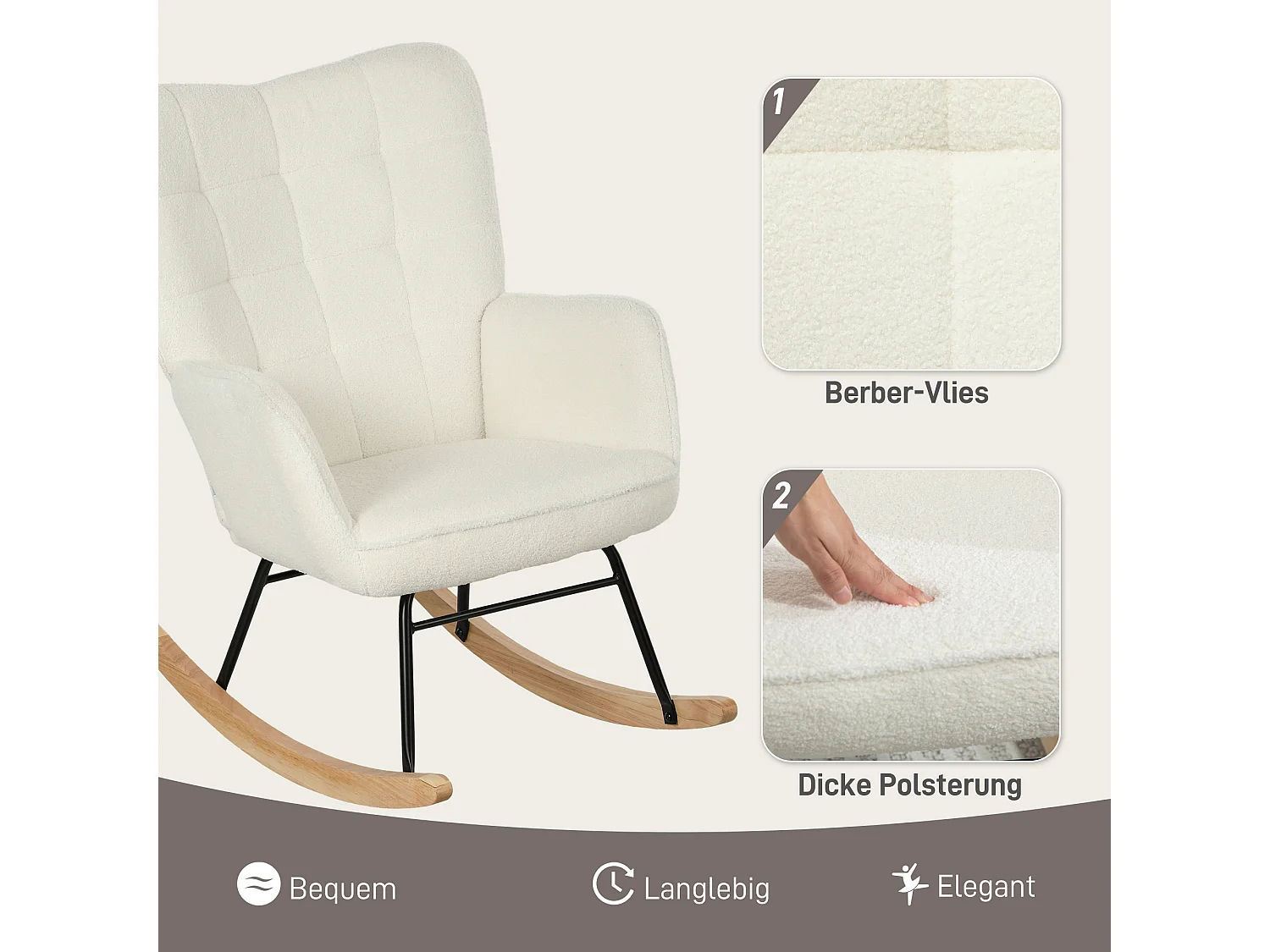 Chaise à bascule avec dossier rembourré, armature en bois, tissu Berber, blanc (98x71x101 cm)