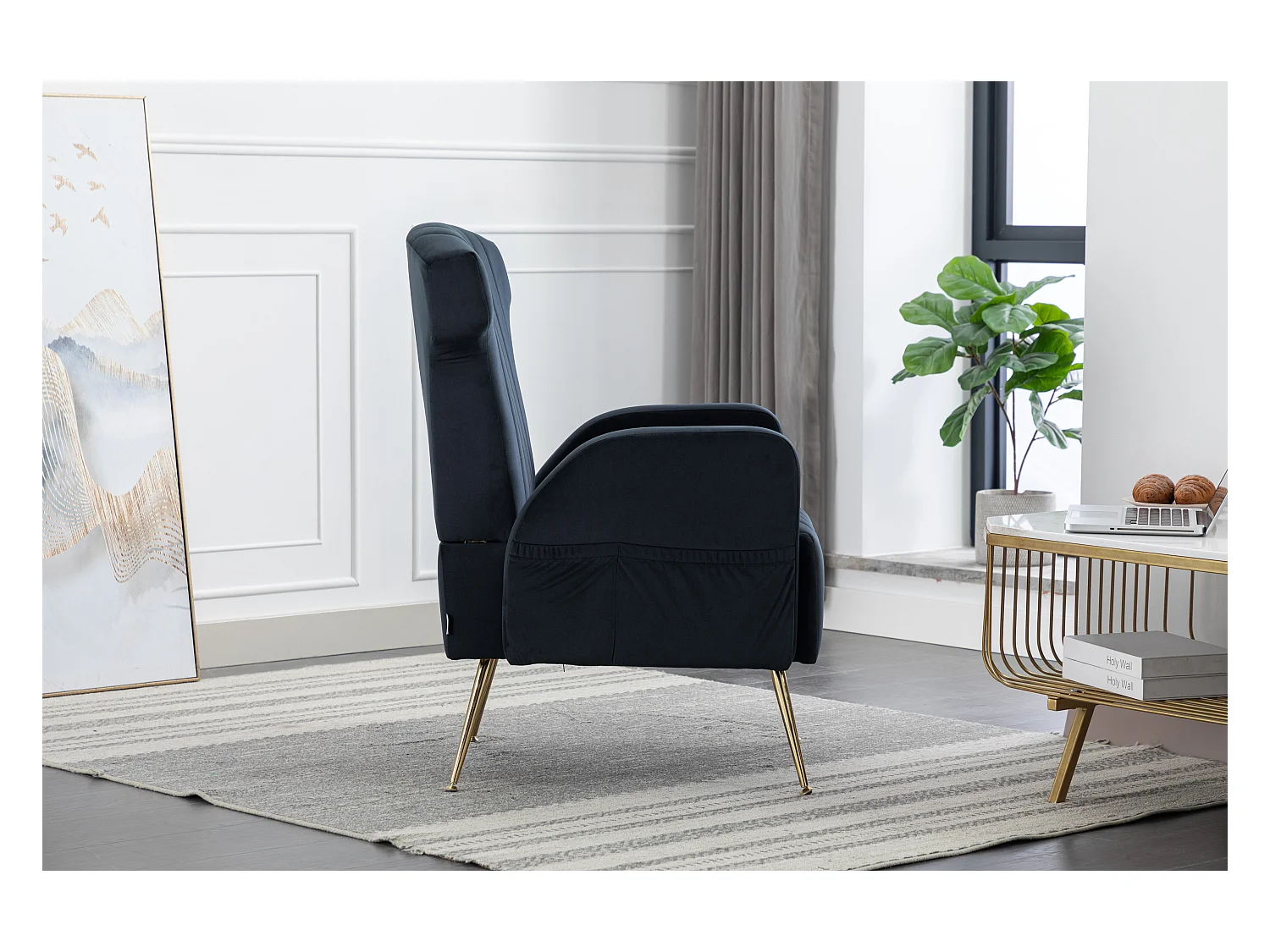 Fauteuil décoratif en velours, dossier haut, métal doré, design élégant (69x72x93 cm)