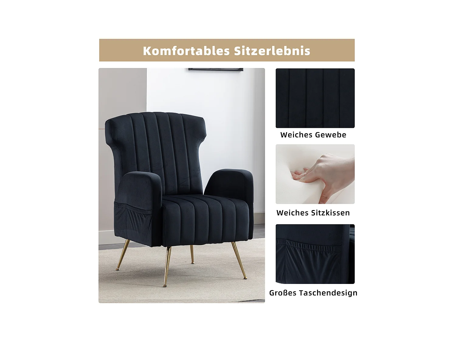 Fauteuil décoratif en velours, dossier haut, métal doré, design élégant (69x72x93 cm)