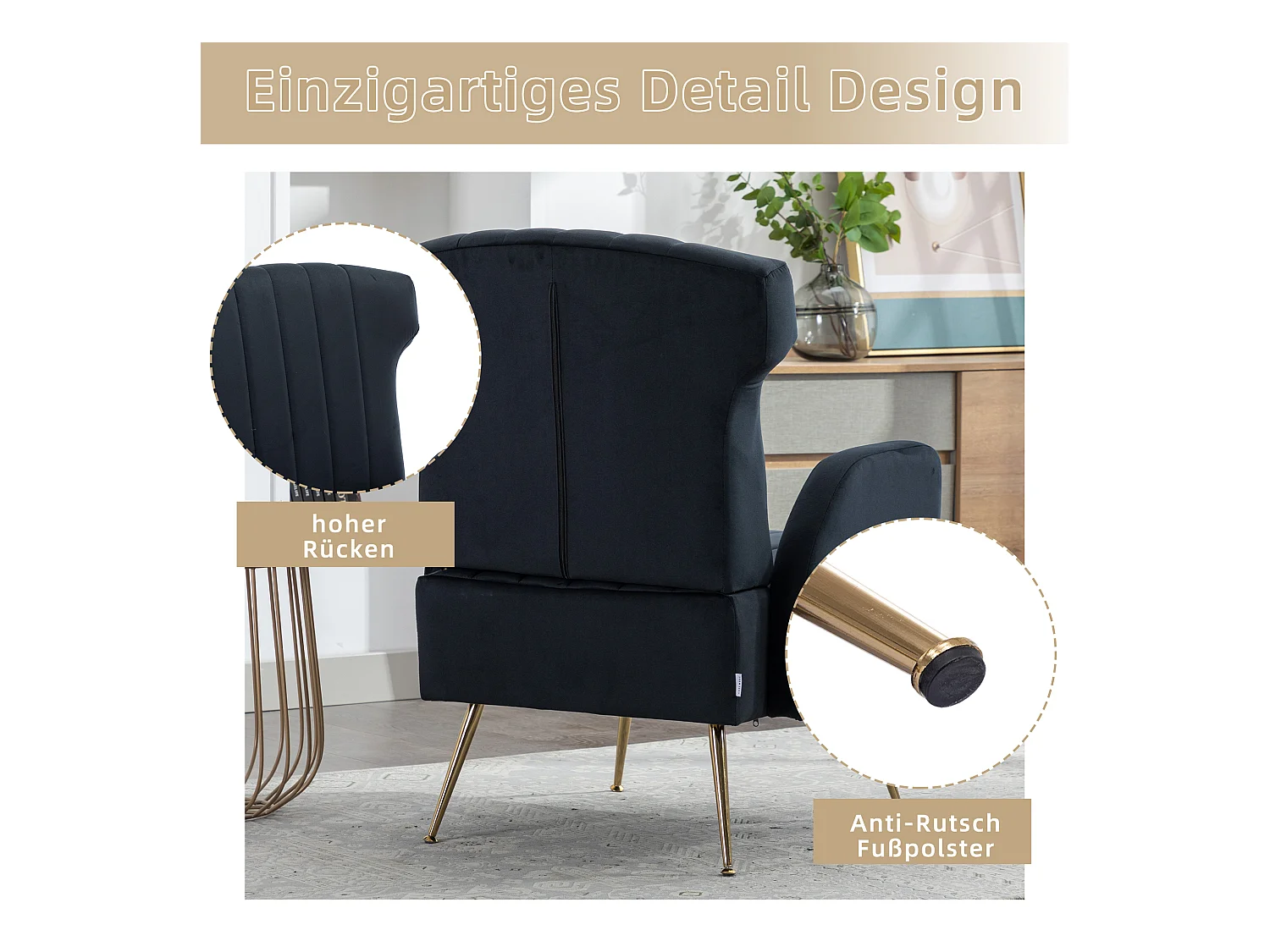 Fauteuil décoratif en velours, dossier haut, métal doré, design élégant (69x72x93 cm)