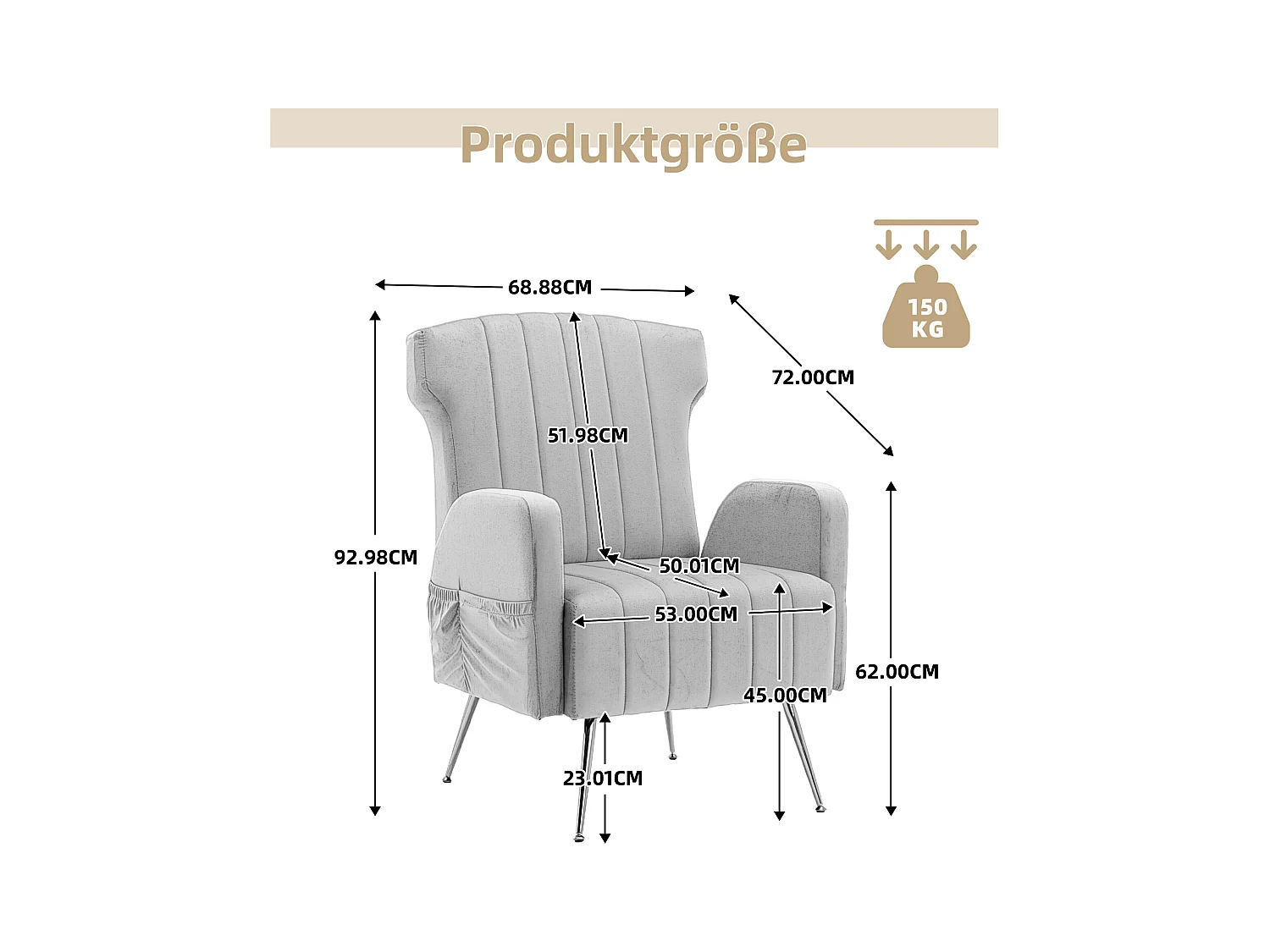 Fauteuil décoratif en velours, dossier haut, métal doré, design élégant (69x72x93 cm)