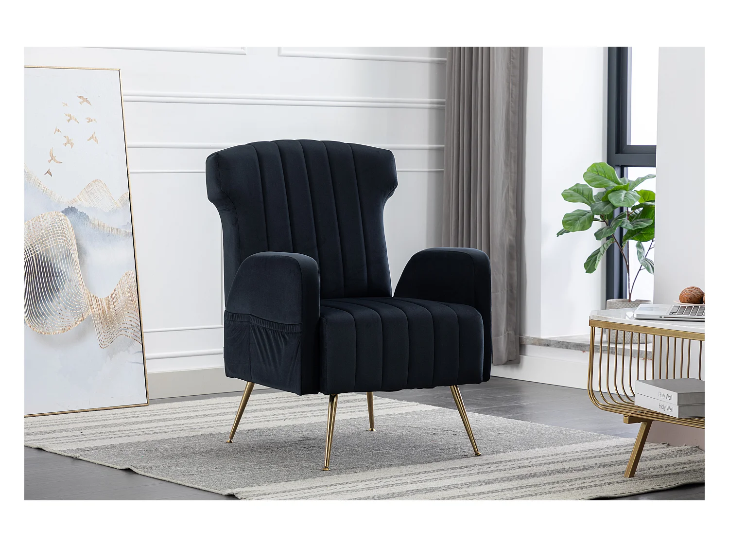Fauteuil décoratif en velours, dossier haut, métal doré, design élégant (69x72x93 cm)