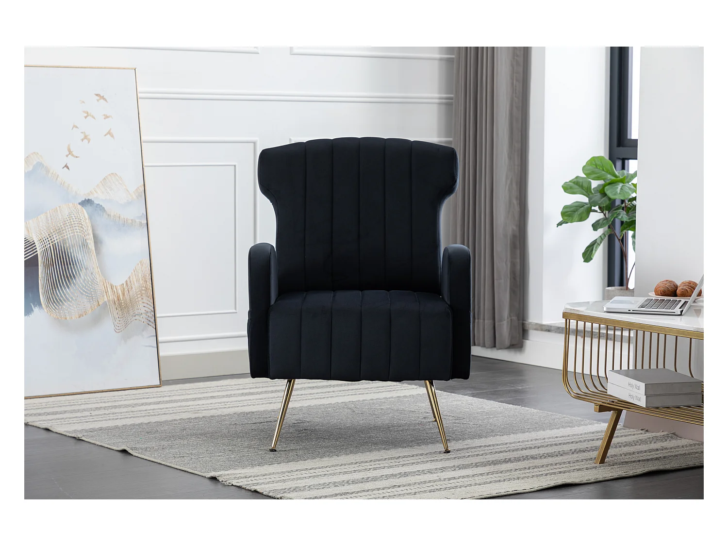 Fauteuil décoratif en velours, dossier haut, métal doré, design élégant (69x72x93 cm)