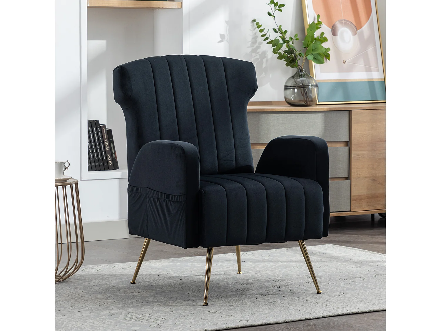 Fauteuil décoratif en velours, dossier haut, métal doré, design élégant (69x72x93 cm)