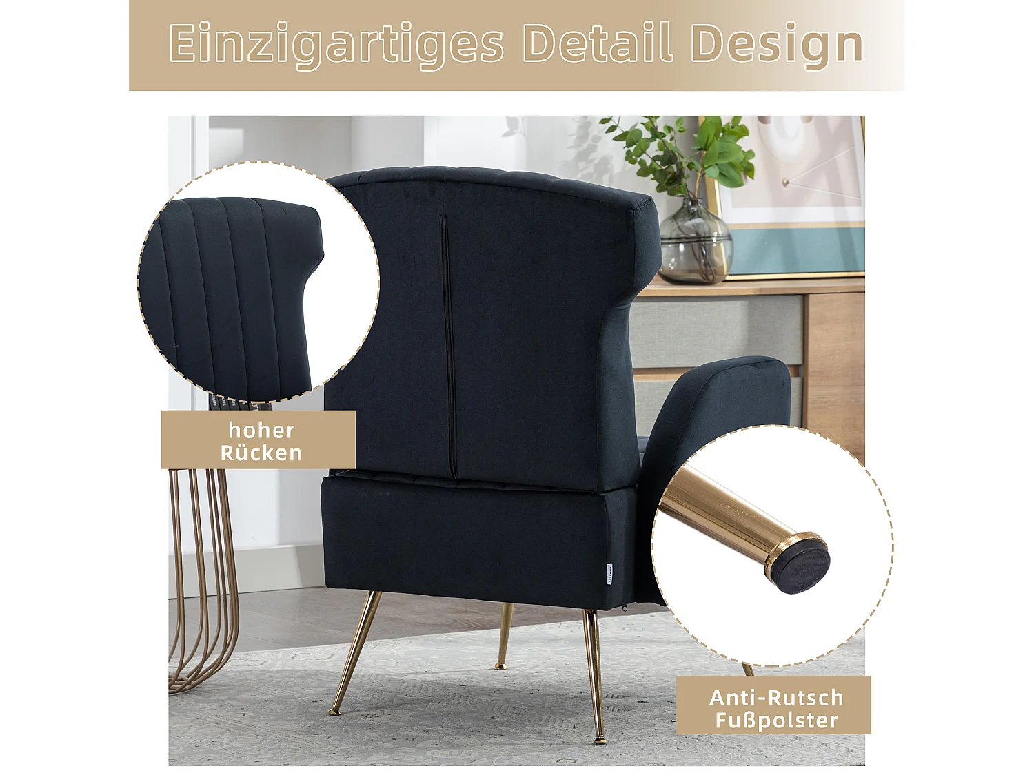 Fauteuil décoratif en velours, dossier haut, métal doré, design élégant (69x72x93 cm)