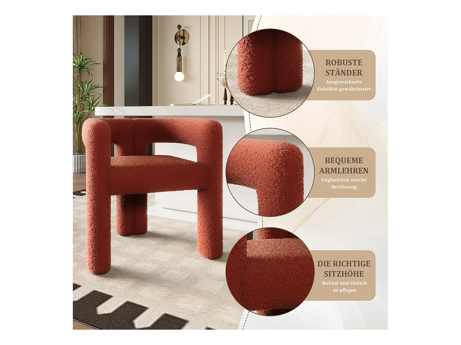 Fauteuil ergonomique en Teddy Flor premium, design unique, confort optimal, couleur marron (62.5x32.5x71 cm)
