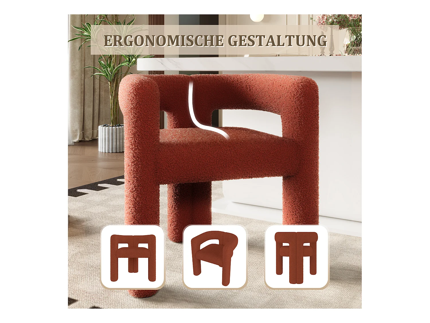 Fauteuil ergonomique en Teddy Flor premium, design unique, confort optimal, couleur marron (62.5x32.5x71 cm)