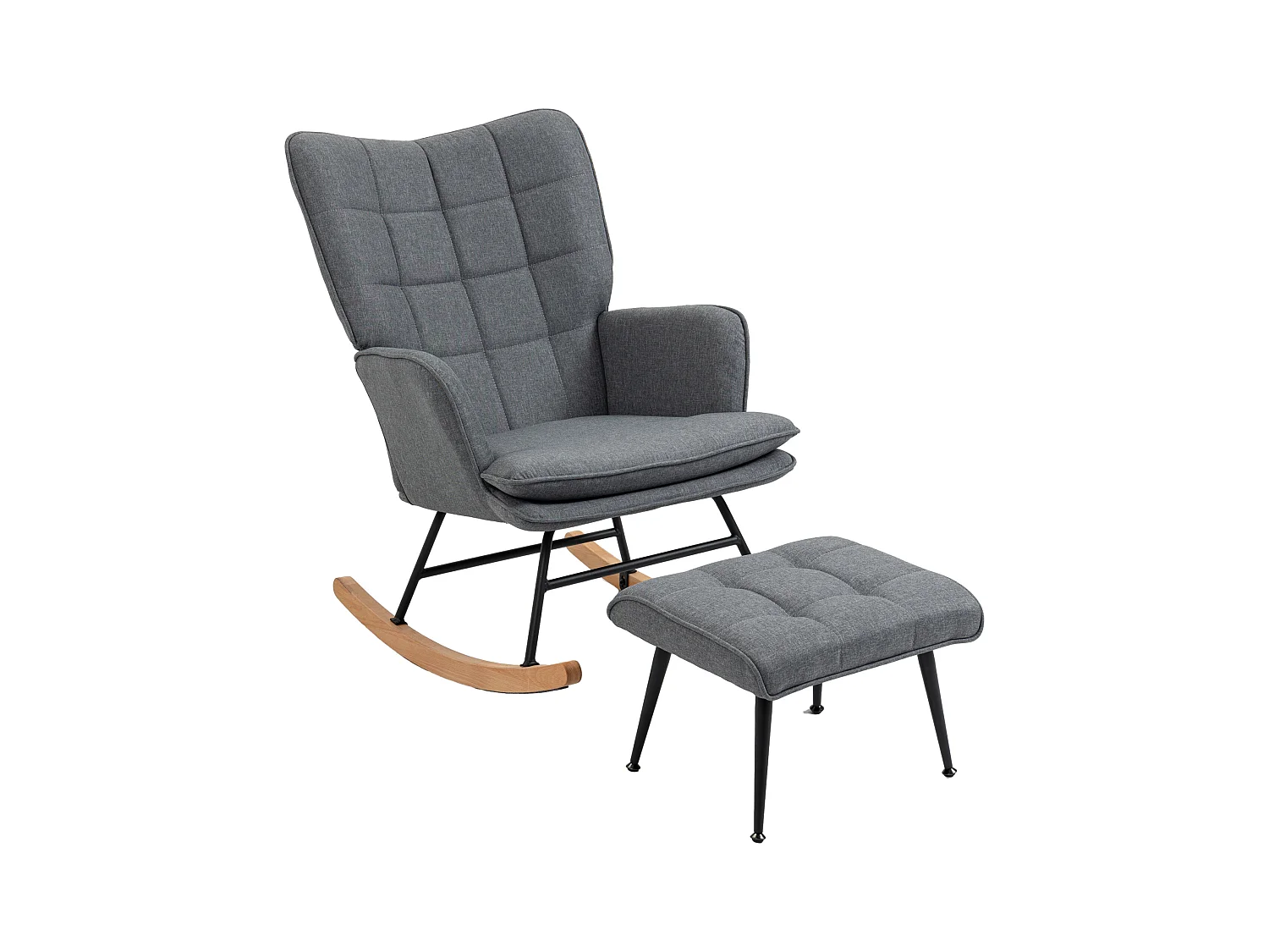 Fauteuil à bascule avec repose-pieds, design élégant, tissu en lin, gris (64x89x90 cm)