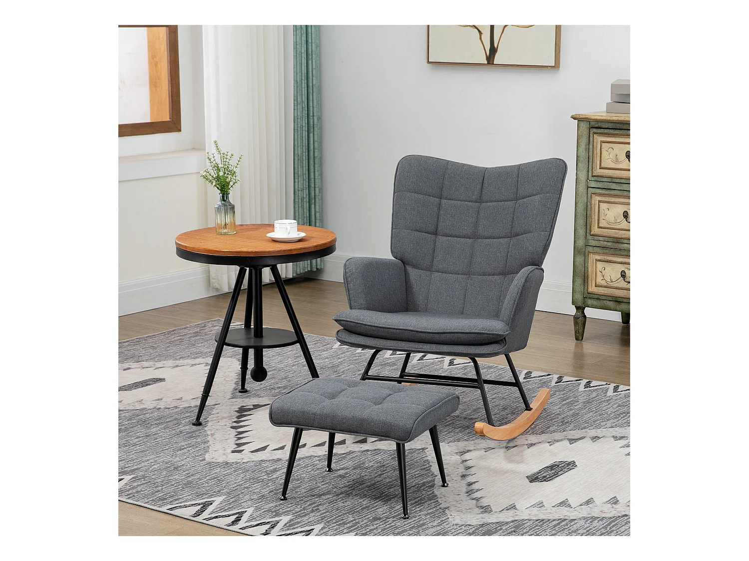 Fauteuil à bascule avec repose-pieds, design élégant, tissu en lin, gris (64x89x90 cm)