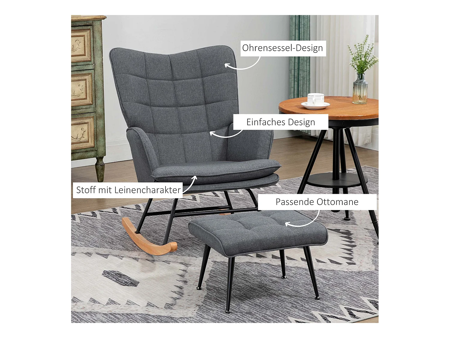 Fauteuil à bascule avec repose-pieds, design élégant, tissu en lin, gris (64x89x90 cm)