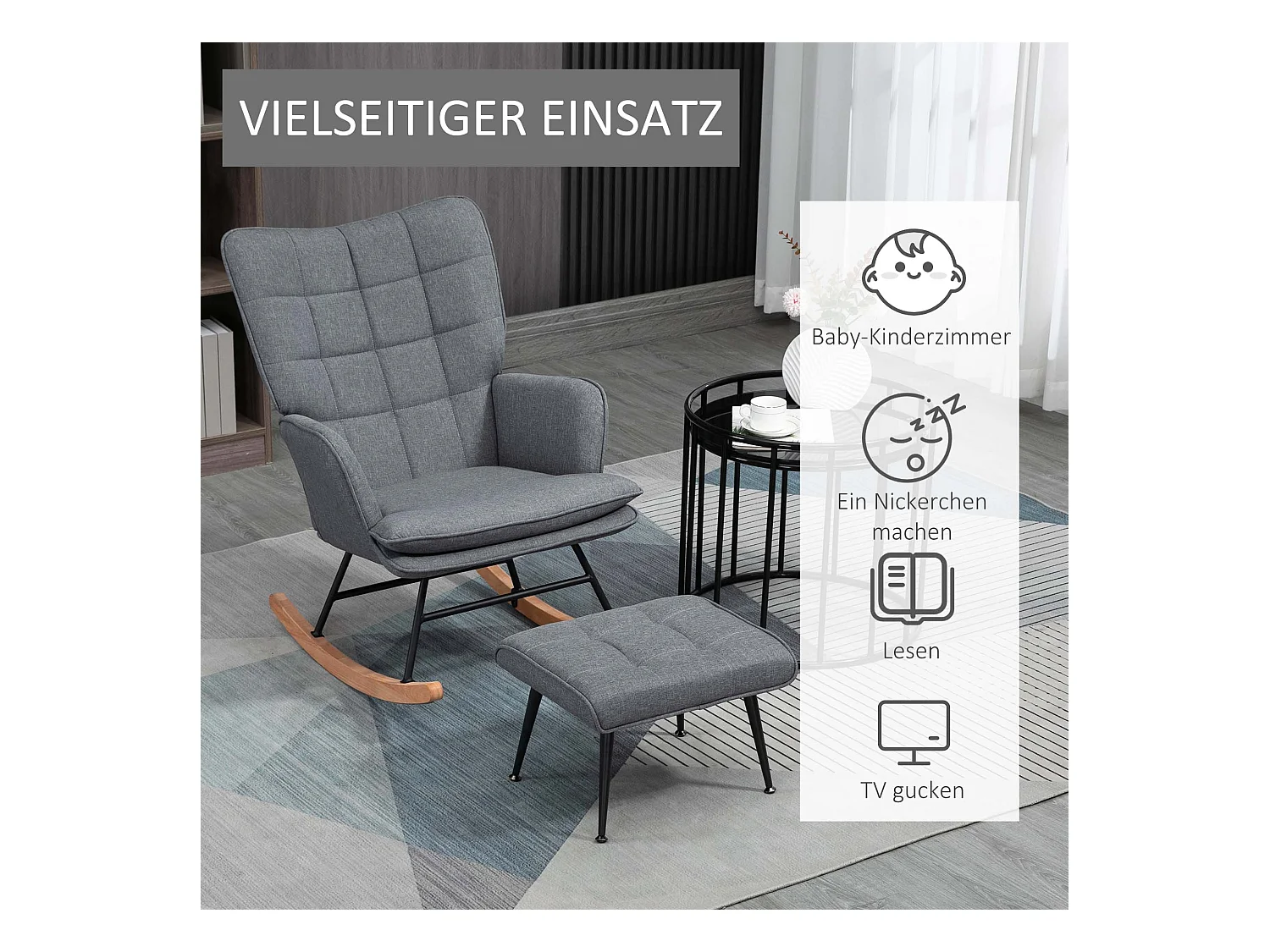 Fauteuil à bascule avec repose-pieds, design élégant, tissu en lin, gris (64x89x90 cm)