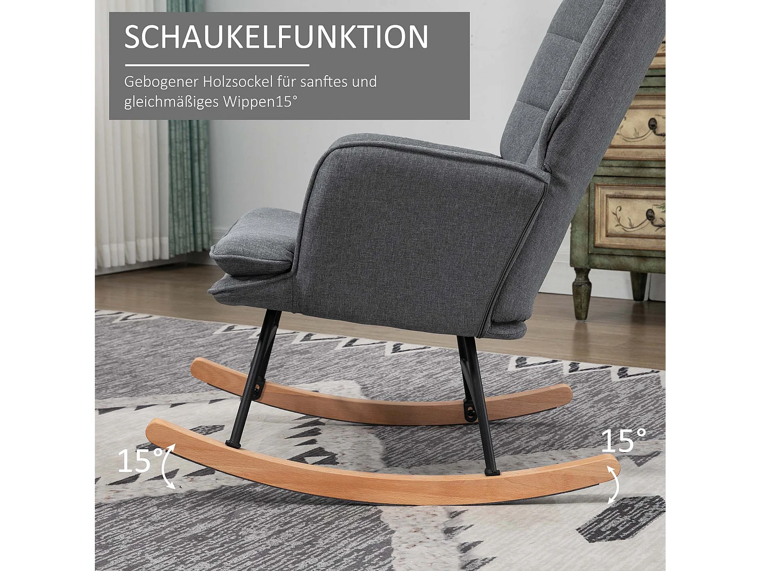 Schaukelstuhl mit Fußstütze, elegantes Design, Leinenstoff, grau (64x89x90 cm)