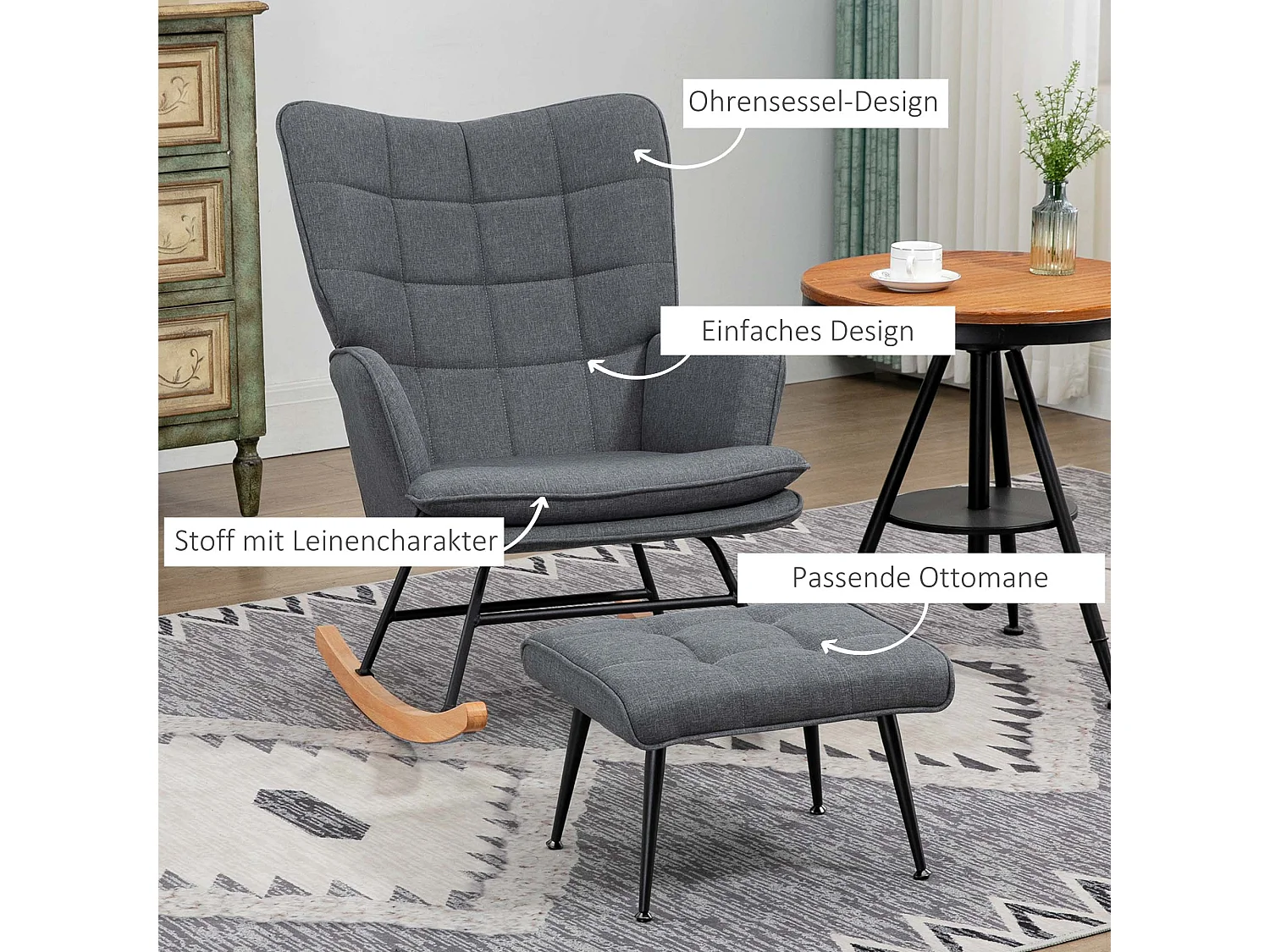 Schaukelstuhl mit Fußstütze, elegantes Design, Leinenstoff, grau (64x89x90 cm)