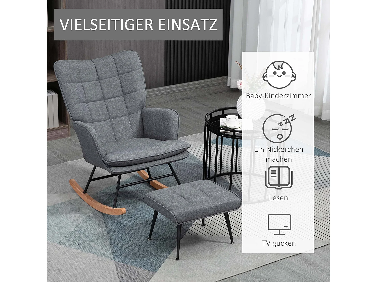 Schaukelstuhl mit Fußstütze, elegantes Design, Leinenstoff, grau (64x89x90 cm)