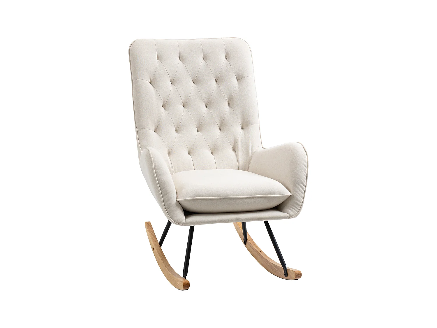 Fauteuil à bascule confortable, lin crème, bois et métal, design élégant (69x90x100cm)