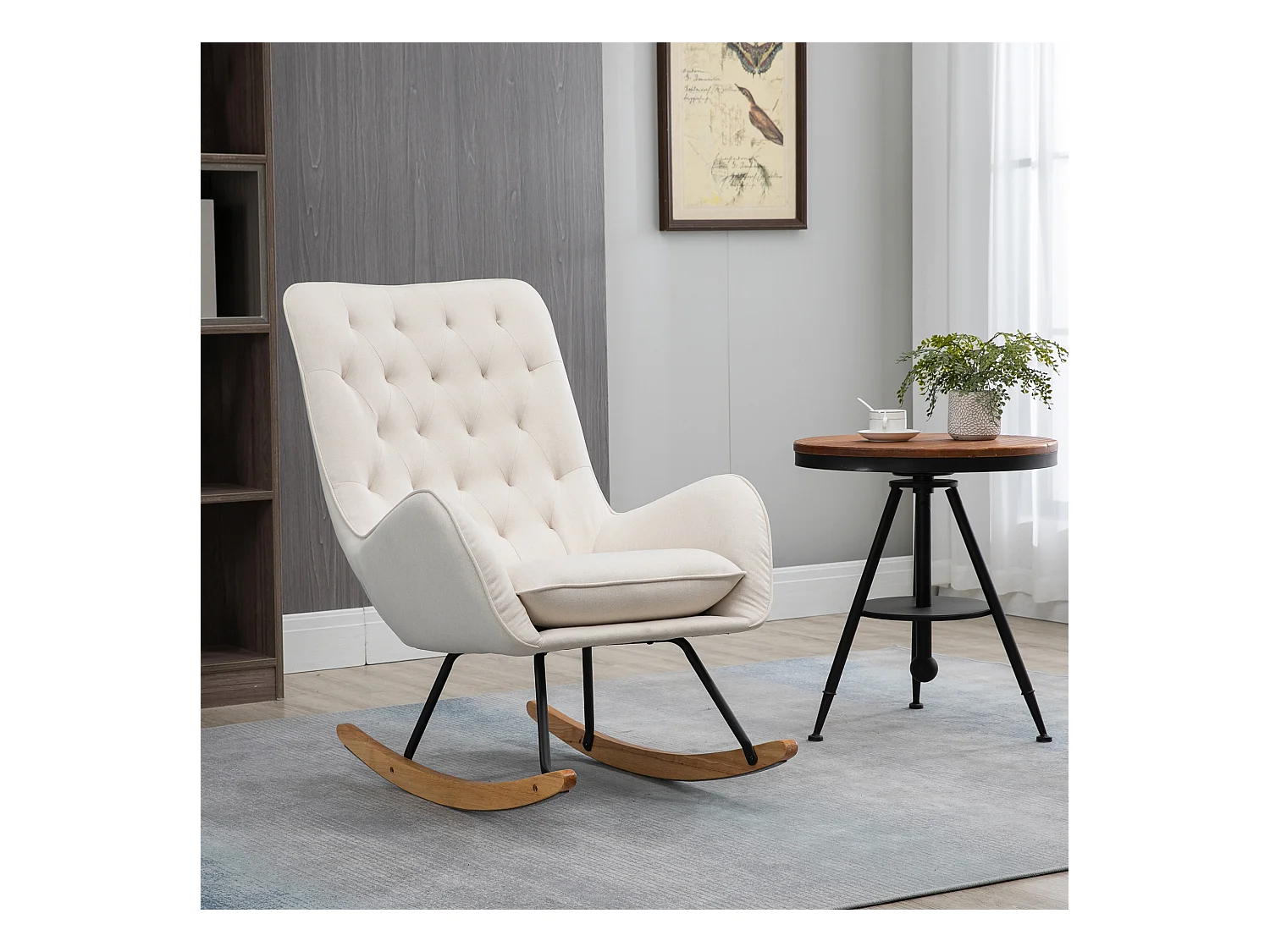 Fauteuil à bascule confortable, lin crème, bois et métal, design élégant (69x90x100cm)