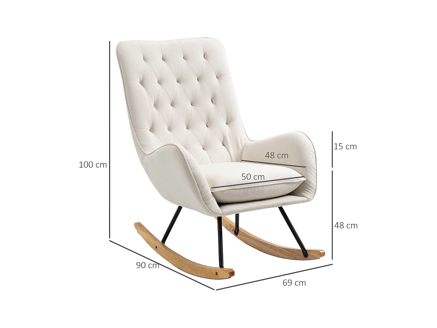 Fauteuil à bascule confortable, lin crème, bois et métal, design élégant (69x90x100cm)