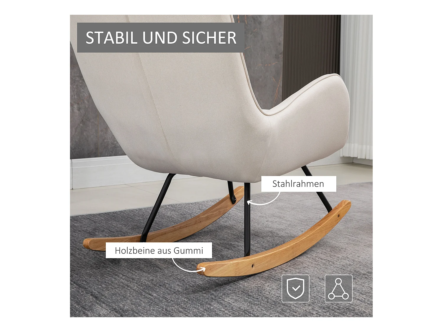 Fauteuil à bascule confortable, lin crème, bois et métal, design élégant (69x90x100cm)